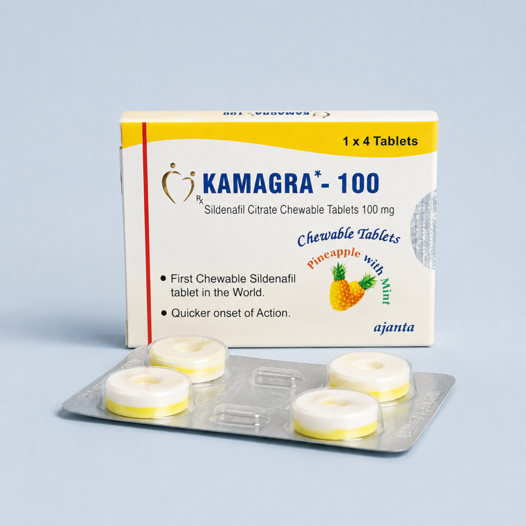 KAMAGRA CHEWABLE 100 - confezione e prodotto, immagine 1