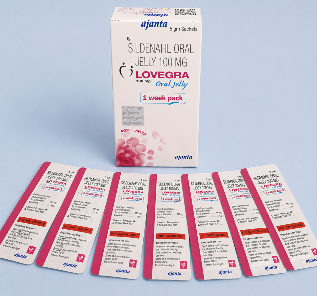 LOVEGRA ORAL JELLY 100 MG - confezione e prodotto, immagine 1
